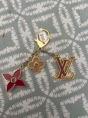 Louis Vuitton dark Pink & Peach tan Enamel LV Charm Keychain bag charm
